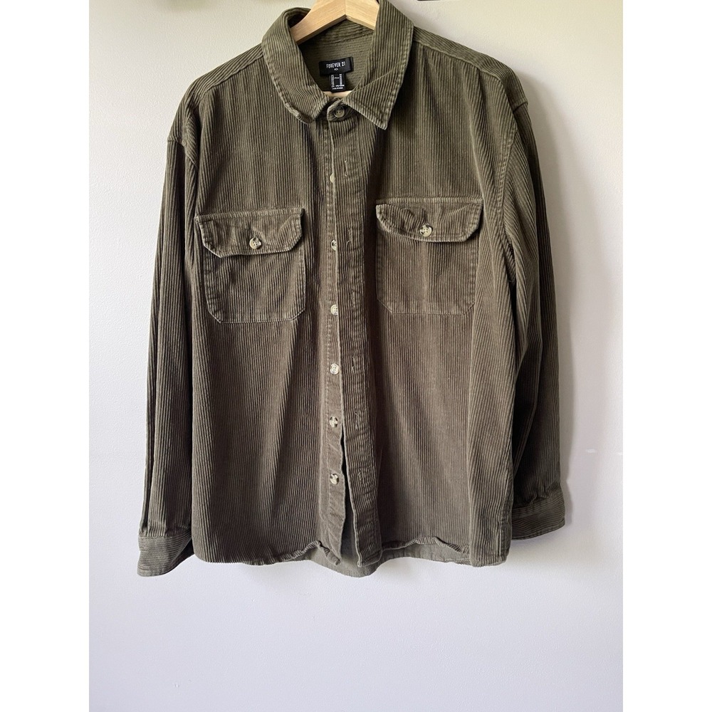 Men's Olive Green Medium-Size Jacket Casual Button Up Long Sleeve Coat Pockets